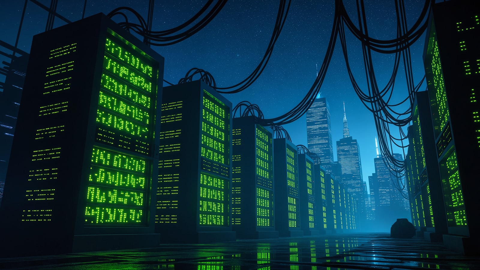 Server room illuminating a futuristic cityscape data centre